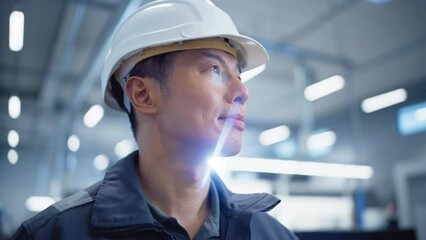 Leinwandbilder - Asian Factory Worker Standing, Looking Around the Facility. Industrial Specialist Working at an Electronics Manufacture, Producing Computer Components. Close Up Portrait of a Man Wearing a Hard Hat