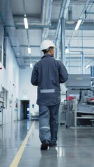 Leinwandbilder - Vertical Screen: Asian Male Walking Next to Manufacturing Machines at a Factory and Using Laptop Computer. Industrial Engineer Monitoring Workflow, Carrying Out Quality Control Operations. Backview