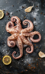 Octopus meat on a dark background, viewed from above, stock photo, studio photography, with natural light, high resolution photography