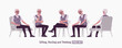 Retired old active senior man set chair sit pose, nice elderly person, handsome grey hair grandfather in classic outfit, experienced worker. Elegant white beard and dark moustache. Vector illustration