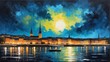 night sky in stockholm sweden theme oil pallet knife paint painting on canvas with large brush strokes modern art illustration abstract from Generative AI