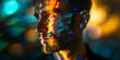 A middle-aged man's face is vividly painted with the colors of neon light reflections, evoking a techno-futuristic vibe