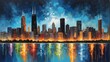 night sky in chicago united states theme oil pallet knife paint painting on canvas with large brush strokes modern art illustration abstract from Generative AI