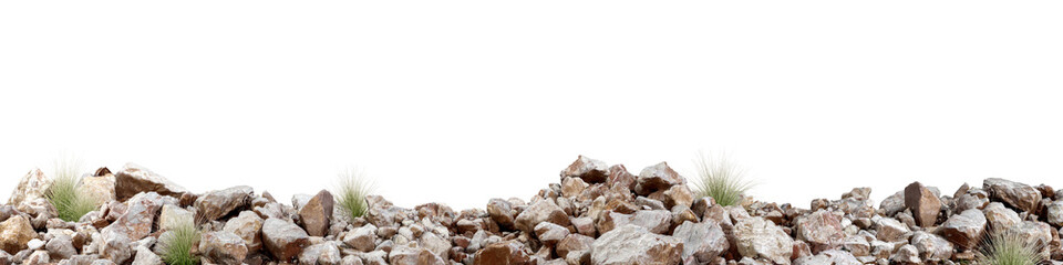 isolated front view pile of rocks with green grass on white