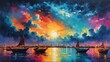 night sky in pattaya thailand theme oil pallet knife paint painting on canvas with large brush strokes modern art illustration abstract from Generative AI