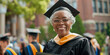 Senior African-American woman celebrates her academic success, dressed in graduation regalia and holding diploma. Lifelong learning and fulfillment of achieving educational goals in golden years