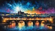 night sky in prague czech republic theme oil pallet knife paint painting on canvas with large brush strokes modern art illustration abstract from Generative AI