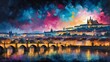 night sky in prague czech republic theme oil pallet knife paint painting on canvas with large brush strokes modern art illustration abstract from Generative AI