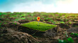 © john - Location pin icon on green land plot, estate investment, land plot for construction project. 3d ground slice section