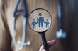 magnifying glass with painted family, wooden background with unfocused phonendoscope. health insurance.