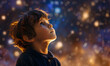 A young boy is looking at the sparkling night sky, Generative AI