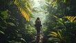 Travel cocept, explorer trekking through a jungle
