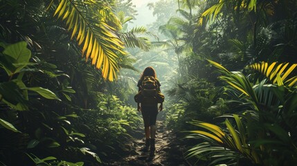 travel cocept, explorer trekking through a jungle