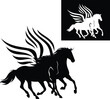 pair of fairy tale pegasus horses running fast - winged stallions rushing forward black and white vector design