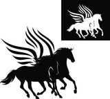 Fototapeta  - pair of fairy tale pegasus horses running fast - winged stallions rushing forward black and white vector design