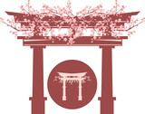 Fototapeta  - ancient japanese torii gate entrance to shinto shrine with blooming cherry tree branches - spring season sakura hanami vector design set