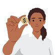 © lioputra - Woman holding Dollar coin in her hands. Flat vector illustration isolated on white background