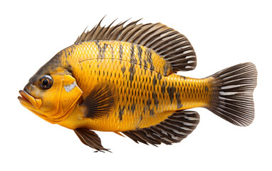 Wall Mural - A vibrant yellow and black fish swimming gracefully on a clean white background