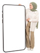Looking empty big touch screen, full body view young caucasian muslim woman in hijab standing near huge mobile phone mock up. Application advertisement concept idea. Isolated transparent png image.