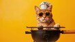 Cat with chef's hat and sunglasses grills on small barbecue against yellow background