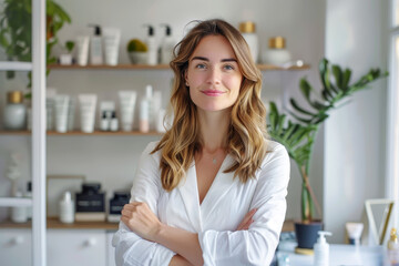 beautiful woman standing with arms crossed expressing confidence with smiley face in her skincare studio with beauty product packaging on shelf at background, small business owner