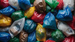 Plastic background. Variety of crumpled plastic bags. Top view to stack of plastic bags.