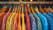 Colored T-shirts of all colors of the rainbow in the store on hangers.