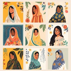 Wall Mural - Set of muslim women illustration. Female muslim hijab avatar profile pictures.