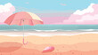 Umbrella on pink beach by sea flat vector