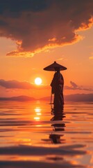 Canvas Print - a person standing in water with a umbrella and a stick