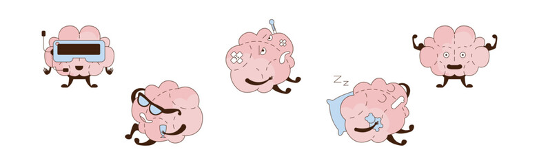 Sticker - Funny Brain Character Engaged in Different Activity Vector Set