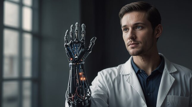 Disabled person with a bionic prosthesis. Man with a robotic arm.