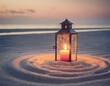 A candle nestled in a sand-filled lantern, lighting up a small circle on a beach as the sun sets, blending the candle's warm light with the fading natural colors of the day