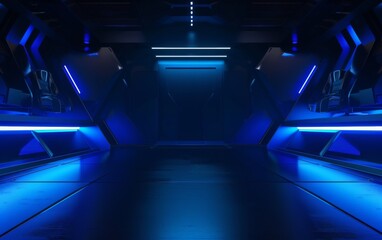 Wall Mural - Futuristic Industrial Alien Interior Empty Studio Ultra Modern Laser Glowing with Black Colors 3D Rendering