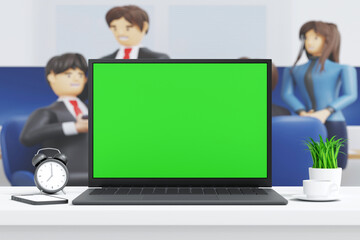 Wall Mural - laptop turn and open to show green screen close up display in office, application website presentati