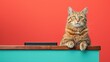 Curious tabby cat is perched on top of teal-colored shelf against vibrant red background