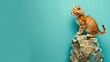 Orange tabby kitten standing on rocky surface against turquoise background, looking to side