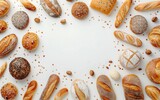 Fototapeta Sport - Homemade natural breads. Different kinds of fresh bread as background, top view with copy space