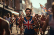 London Marathon. Portrait of a man running along a city street against the backdrop of a crowd of running people. Concept of sport, healthy lifestyle
