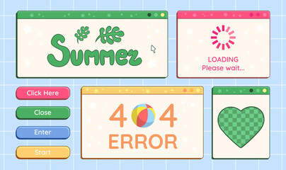 Wall Mural - set of y2k retro computer window and buttons, interface elements with cheering phrases. vector illus