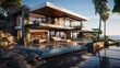 Modern villa with terrace, pool and ocean view. Modern villa by the ocean. Modern houses exterior.