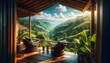 A peaceful scene viewed from the veranda of a hillside cabin, where a pair of woven rattan chairs invite relaxation and contemplation