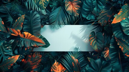 Green, orange and gold tropical leaves frame with white banner, tropical summer concept.