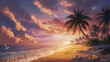 This is a scenic image of a tropical beach taken at sunset. The photograph perfectly captures the silhouettes of lush palm trees and energetic seagulls adding life to the tranquil scene. Also not...