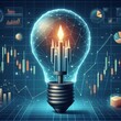 A piece of digital art that portrays a vibrant lightbulb filled with flickering candles, signifying idea and innovation. The backdrop is composed of convoluted financial charts and technical indi...