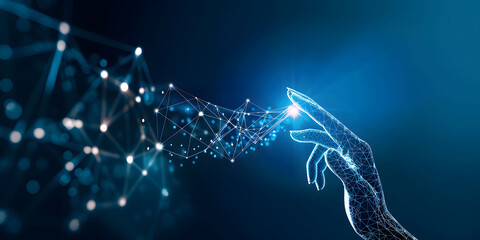 Fingers touching a glowing digital connection network, data transferring in the style of technology with a hand on a blue background. Concept of Digital transformation and next generation technology.