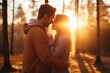 A loving couple hugs intimately in a forest bathed in the golden light of sunset, evoking romance and togetherness. Romantic Couple Embracing in Sunset Forest
