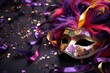 An ornate carnival mask adorned with feathers, sequins, and ribbons lies amidst festive glitter and confetti. Vibrant Carnival Mask with Feathers and Glitter