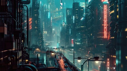 Wall Mural - Close-up street view of a futuristic city cyberpunk.