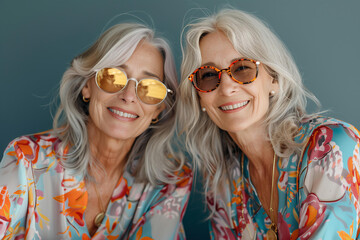 two beautiful middle aged woman wearing identical fashion clothes, candid smile, twins,sisters or best friends